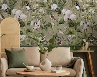 Vintage Botanical Wallpaper with Illustrated Birds and Flowers in Green and White - E101 D