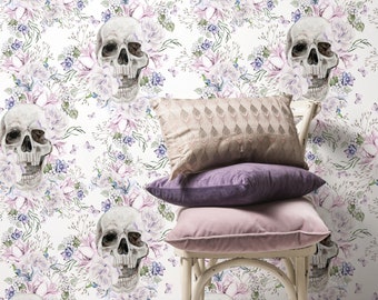 Vintage Floral Wallpaper Light Floral Skull Wallpaper Peel and Stick and Traditional Wallpaper - D930