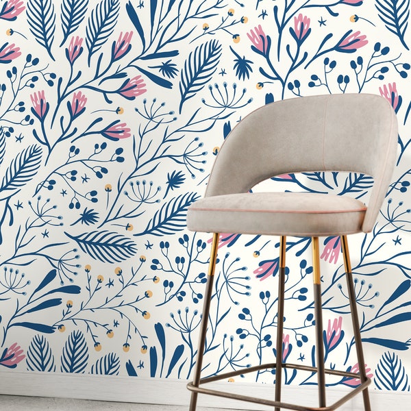 Blue Floral Scandinavian Wallpaper / Peel and Stick Wallpaper Removable Wallpaper Home Decor Wall Art Wall Decor Room Decor - D279