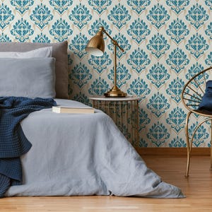 Light Blue and Beige Damask Wallpaper / Peel and Stick Wallpaper Removable Wallpaper Home Decor Wall Art Wall Decor Room Decor - D230