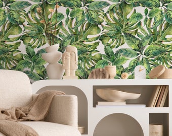 Wallpaper Peel and Stick Wallpaper Removable Wallpaper Home Decor Wall Art Wall Decor Room Decor / Tropical Monstera Leaves Wallpaper - A734