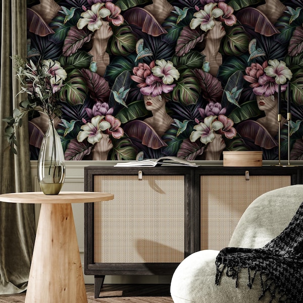Floral Peel and Stick Wallpaper – Tropical Hummingbird Removable Wall Art