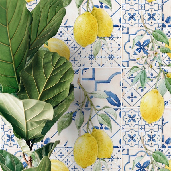 Blue Tiles and Mediterranean Lemon Wallpaper / Peel and Stick Wallpaper Removable Wallpaper Home Decor Wall Art Wall Decor Room Decor - D309