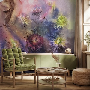 Watercolor Mural - Large Wall Mural, Removable Wallpaper, Everlasting Flower Mural, Flower Watercolor, Peel and Stick Wallpaper - A313
