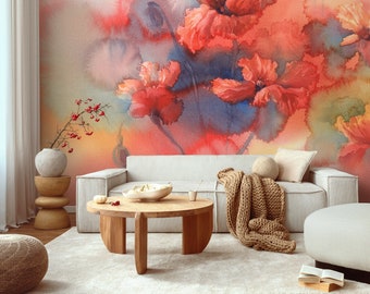 Red Floral Watercolor Removable Wallpaper Mural