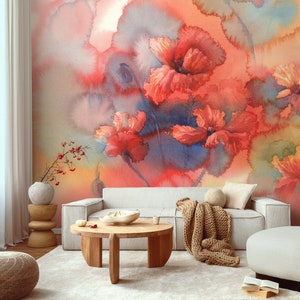 Watercolor Mural, Fresh Spring Flower Watercolor, Wall Mural, Red Florals, Floral Watercolor, Watercolor Removable Wallpaper - A162