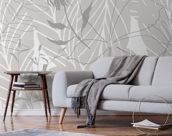 Wallpaper Peel and Stick Wallpaper Removable Wallpaper Home Decor Wall Art Wall Decor Room Decor / Gray Abstract Leaves Wallpaper - B441