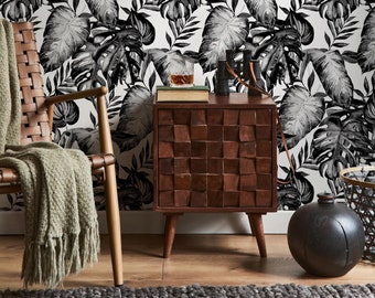 Black and White Monstera Leaf Wallpaper – Peel and Stick Removable Wall Decor