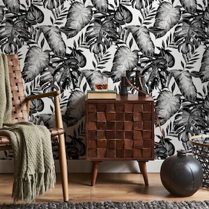 Wallpaper Peel and Stick Wallpaper Removable Wallpaper Home Decor Wall Art Wall Decor Room Decor / Black and White Monstera Wallpaper  -B655