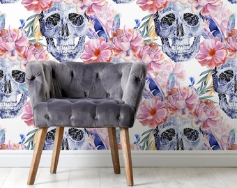 Floral Skulls Wallpaper – Colorful Gothic Peel and Stick