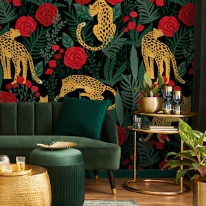 Tiger and Floral Garden Wallpaper / Peel and Stick Wallpaper Removable Wallpaper Home Decor Wall Art Wall Decor Room Decor - D154