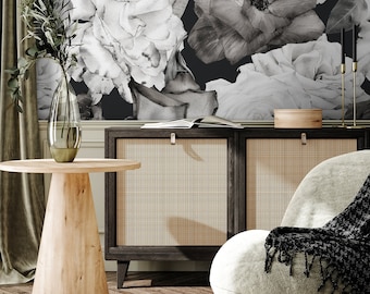 Black and White Roses Peel and Stick Wallpaper, Floral Removable Wallpaper