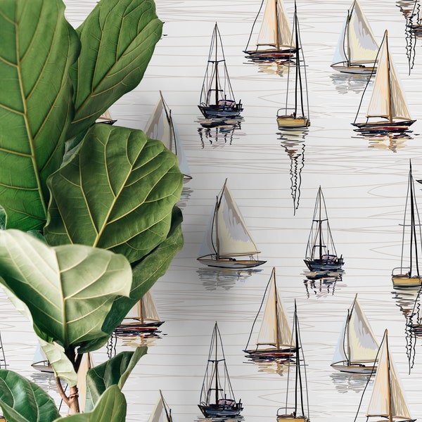 Hand-Drawing Sailboat Wallpaper / Peel and Stick Wallpaper Removable Wallpaper Home Decor Wall Art Wall Decor Room Decor - D484