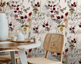 Vintage Botanical Rosehip and Butterfly Wallpaper on Cream - Peel and Stick - A494