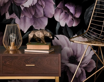 Moody Dark Peony Wallpaper in Mauve and Purple on Black - Peel and Stick - B197