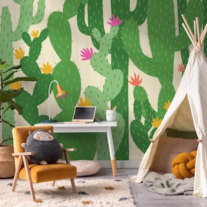 Carta da parati Carta da parati staccabile e adesiva Carta da parati rimovibile Decorazione per la casa Arte murale Decorazione murale Decorazione per la stanza / Carta da parati floreale con cactus per bambini - C477