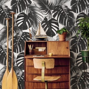 Wallpaper Peel and Stick Wallpaper Removable Wallpaper Home Decor Wall Art Wall Decor Room Decor / Black And White Monstera Wallpaper - B130
