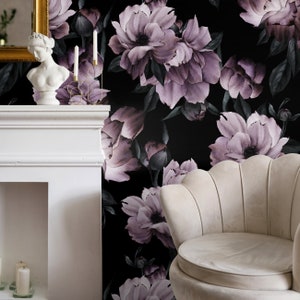 Wallpaper Peel and Stick Wallpaper Removable Wallpaper Home Decor Wall Art Wall Decor Room Decor / Dark Floral Peony - B197