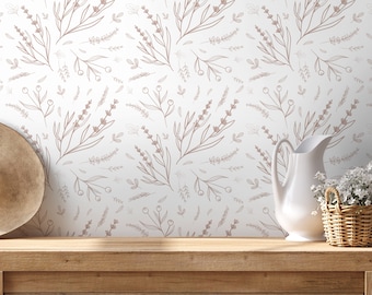 Minimalist Wildflower Sprig Wallpaper in Warm Tan on White - Peel and Stick - D402