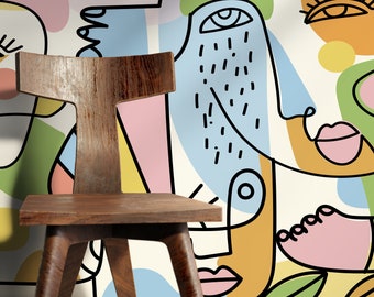 Abstract Line Art Faces Wallpaper Modern Mural Peel and Stick Wallpaper Home Decor - D557