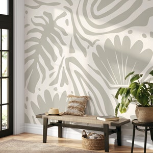Floral and Leaves Mural  Abstract Boho Wallpaper Peel and Stick and Traditional Wallpaper - D716