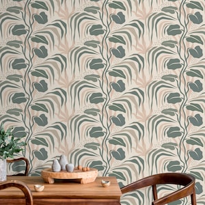 Tropical Green Leaves Wallpaper Boho Wallpaper Peel and Stick and Traditional Wallpaper - D720