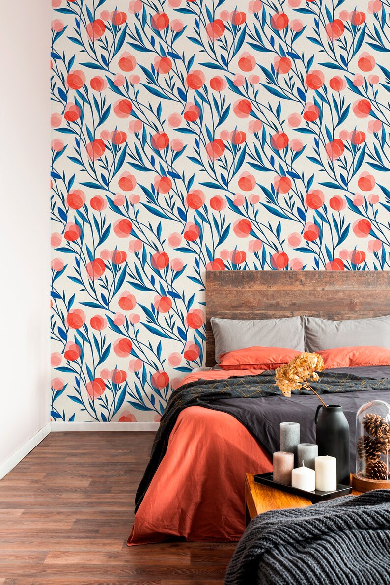 Boho Floral Removable Wallpaper Watercolor Leaves Etsy Canada