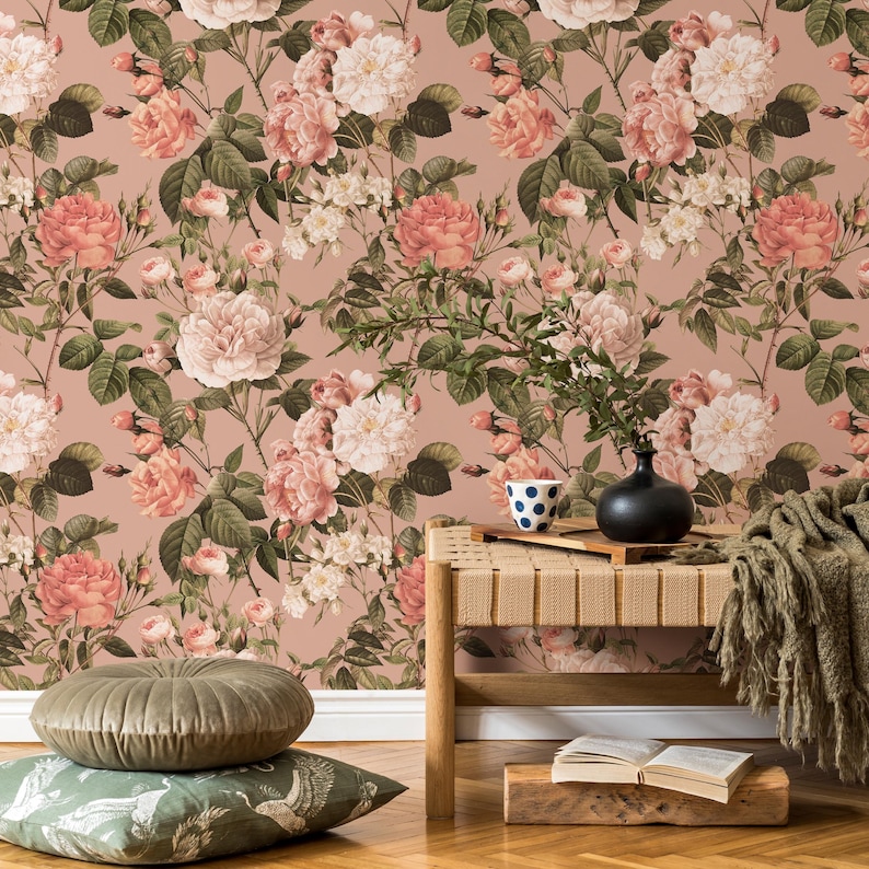 Floral Wallpaper With Vintage Roses and Peonies in Pink and Green ...