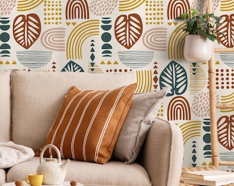 Mid-Century Modern Teal Mustard Wallpaper - C735