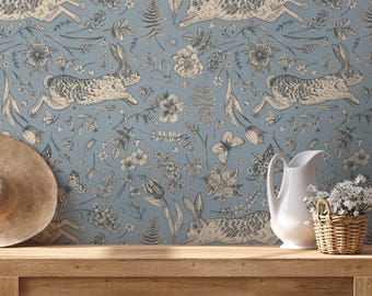 Botanical Wallpaper with Vintage Rabbits and Butterflies in Blue, Beige, and Grey - E586