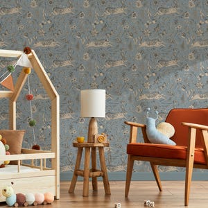 Botanical Wallpaper with Vintage Rabbits and Butterflies in Blue, Beige, and Grey - E586 image 5