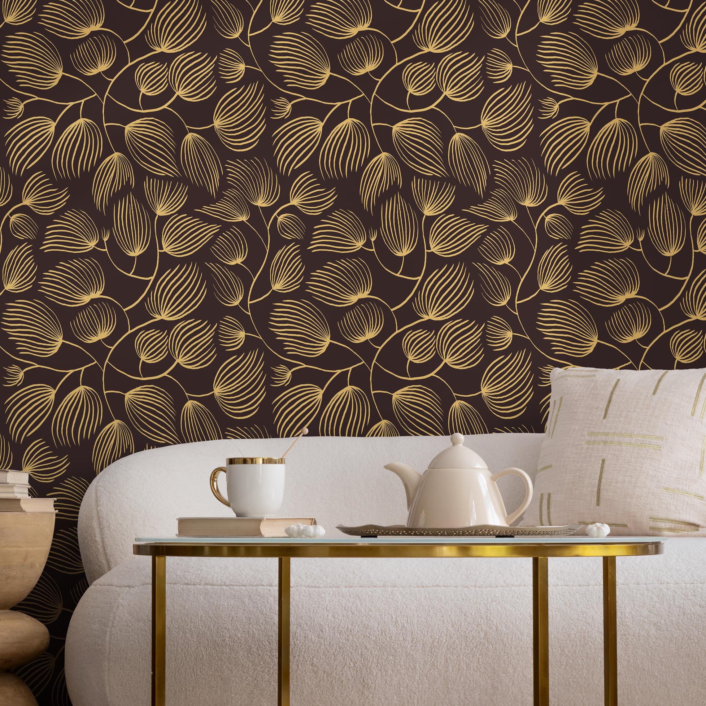Art Deco Botanical Brown Gold Wallpaper - C639 - Etsy