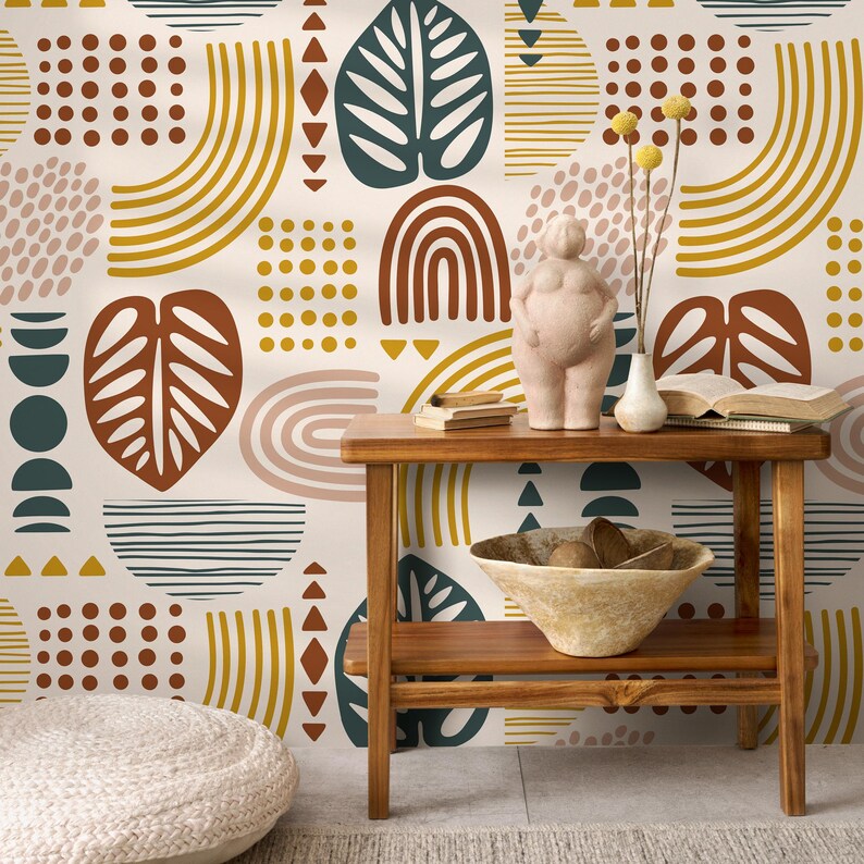 Mid-century Modern Teal Mustard Wallpaper - C735 - Etsy