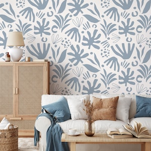 Light Blue Abstract Leaf Wallpaper Boho Wallpaper Peel and Stick and Traditional Wallpaper - D683