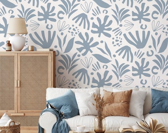 Light Blue Abstract Leaf Wallpaper Boho Wallpaper Peel and Stick and Traditional Wallpaper - D683