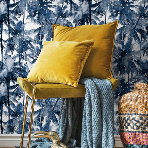 Palmetto Palm Peel and Stick Wallpaper Coastal Blue Etsy