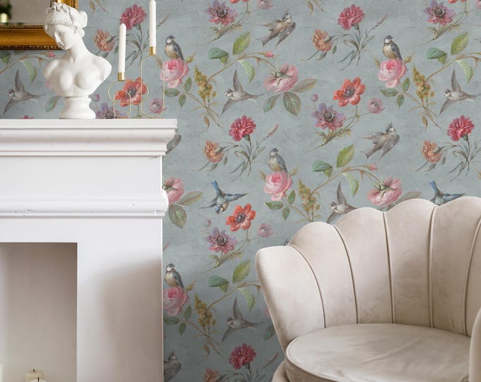 Bird Rose French Cottage Floral Victorian Vintage Wallpaper HA1326 ...