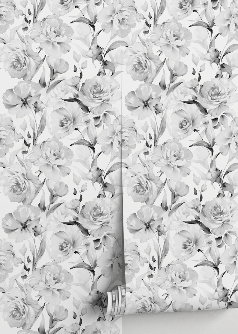 Gray Vintage Peony Wallpaper / Peel and Stick Wallpaper Removable Wallpaper Home Decor Wall Art Wall Decor Room Decor D529 image 5