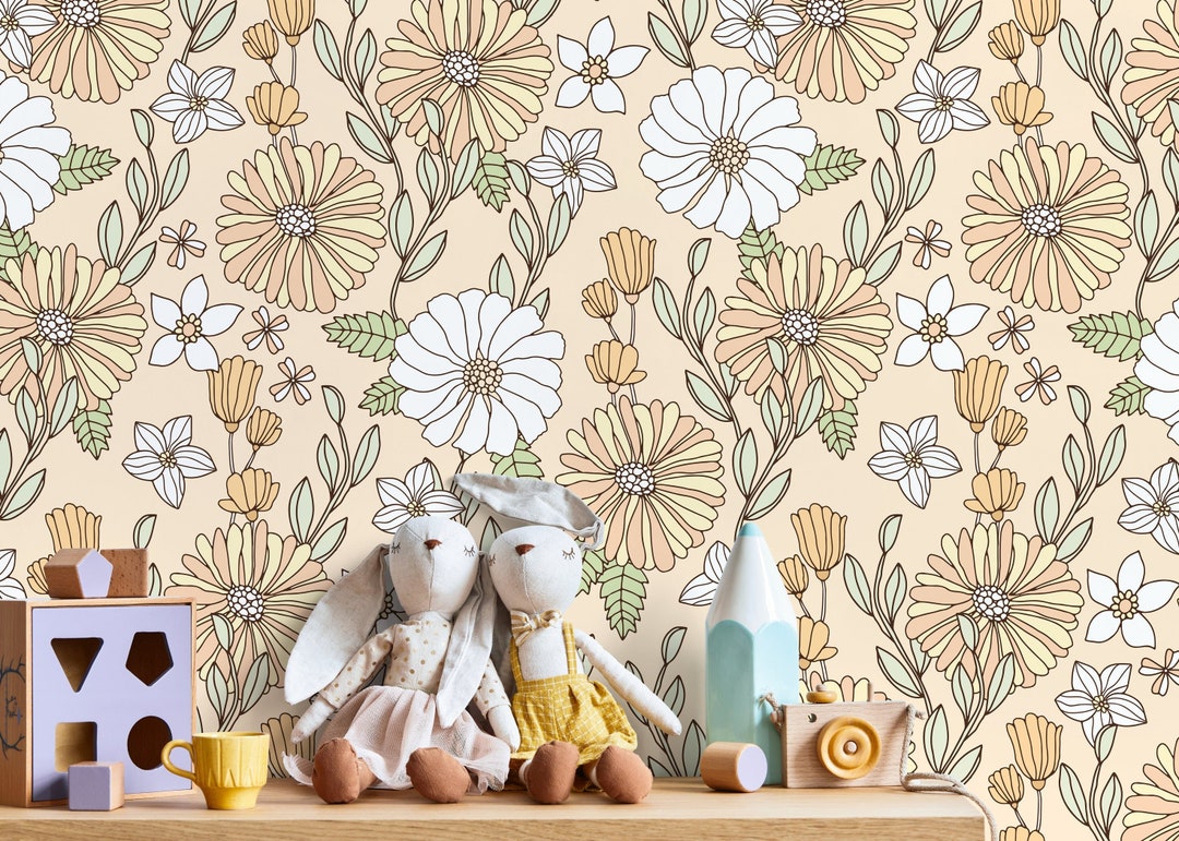 Yellow Retro Floral Wallpaper / Peel and Stick Wallpaper Etsy