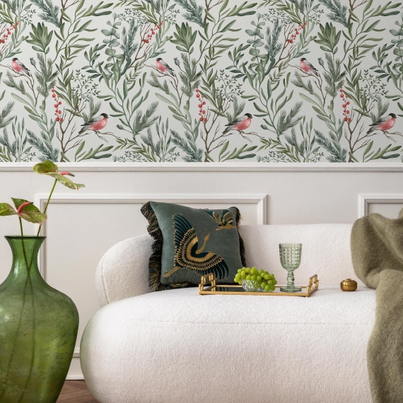 Botanical Peel and Stick Wallpaper, Bird & Berry Branch Removable Wall Paper