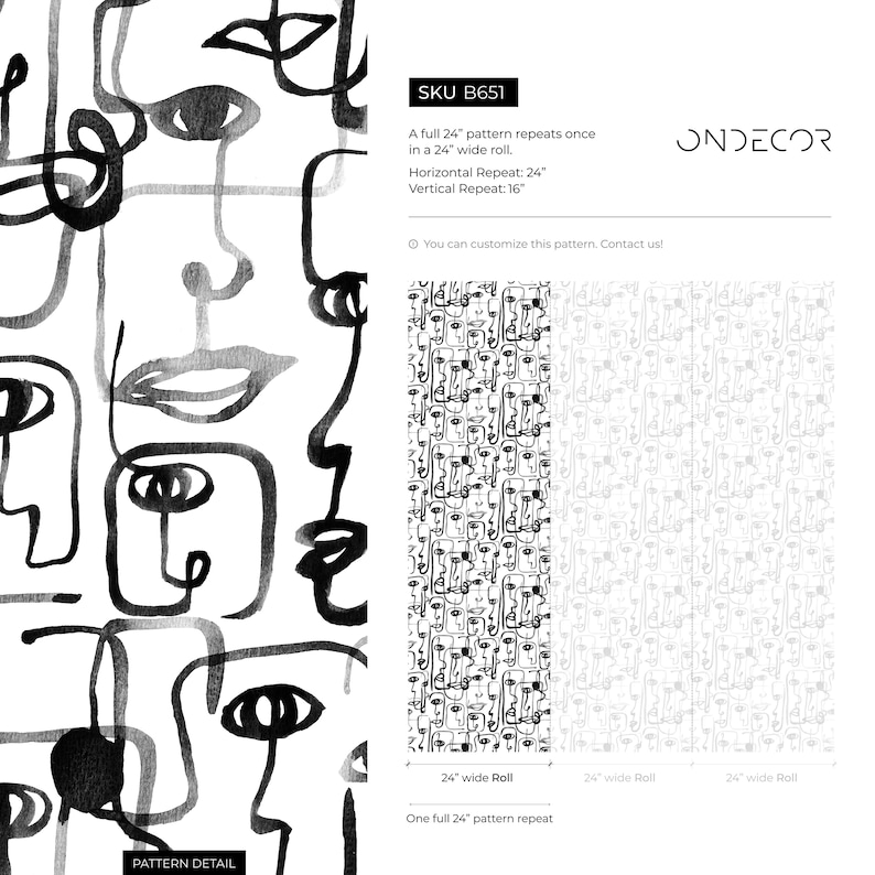 May include: Black and white abstract pattern wallpaper featuring a repeating design of stylized faces. The pattern repeats once in a 24-inch wide roll. The wallpaper has a horizontal repeat of 24 inches and a vertical repeat of 16 inches. The text "SKU B651" and "ONDECOR" is visible in the image.