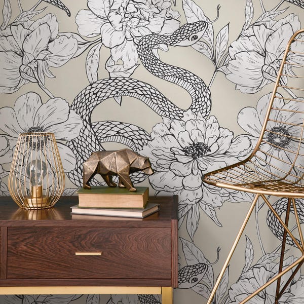 Botanical Wallpaper with Snakes and Large Blooms in Black and Cream - C577
