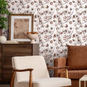 Botanisch behang met een aquarel katoenplantmotief in bruin en beige - B614