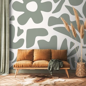 Light Green Abstract Wallpaper Boho Floral Mural Peel and Stick and Traditional Wallpaper - D672