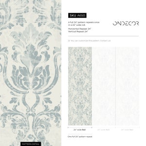 May include: A white and blue damask wallpaper pattern with a repeating design. The pattern is shown in a full 24-inch repeat and a single 24-inch repeat. The text "SKU A650" and "ONDECOR" is visible in the image.