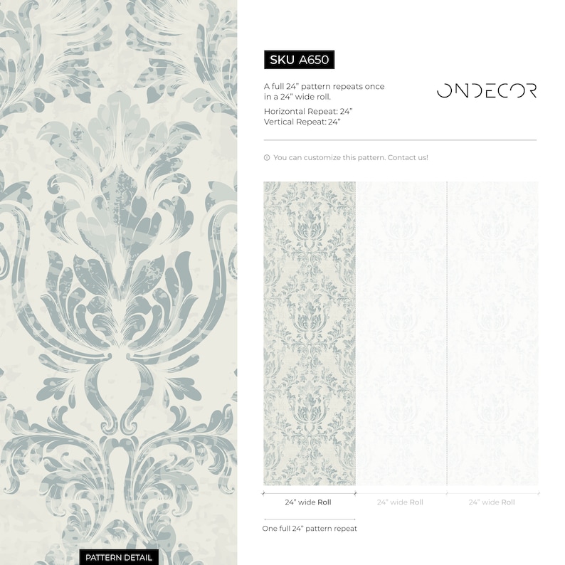 May include: A white and blue damask wallpaper pattern with a repeating design. The pattern is shown in a full 24-inch repeat and a single 24-inch repeat. The text "SKU A650" and "ONDECOR" is visible in the image.