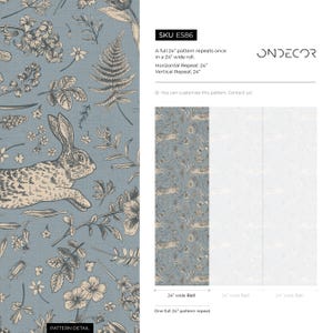 Botanical Wallpaper with Vintage Rabbits and Butterflies in Blue, Beige, and Grey - E586 image 6