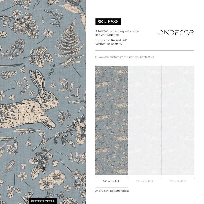 Botanical Wallpaper with Vintage Rabbits and Butterflies in Blue, Beige, and Grey - E586 image 6
