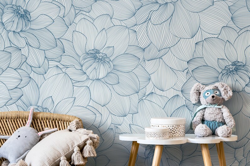 Blue Peony Floral Wallpaper / Peel and Stick Wallpaper Removable Wallpaper Home Decor Wall Art Wall Decor Room Decor D142 image 5