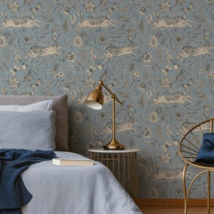 Botanical Wallpaper with Vintage Rabbits and Butterflies in Blue, Beige, and Grey - E586 image 2